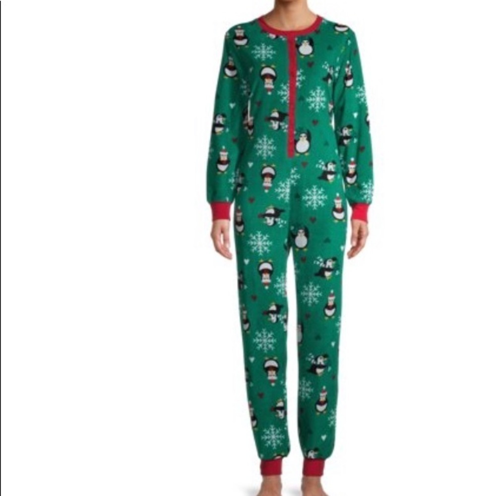 Christmas green snap front flannel PJs onesie penguins sleepwear multiple sizes